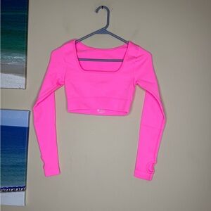 OQQ HOT Pink RIBBED square neck  Long Sleeve Crop Top